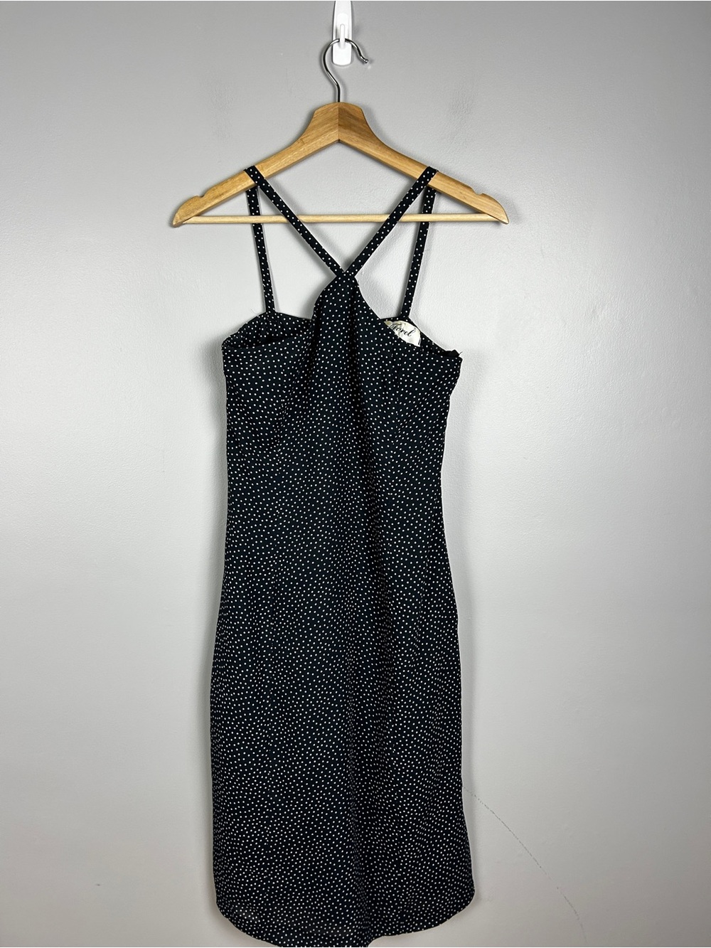 Vintage 90s Navy Blue Micro Polka Dot Midi Dress Small Cocktail Party Chic Paris - Picture 2 of 5